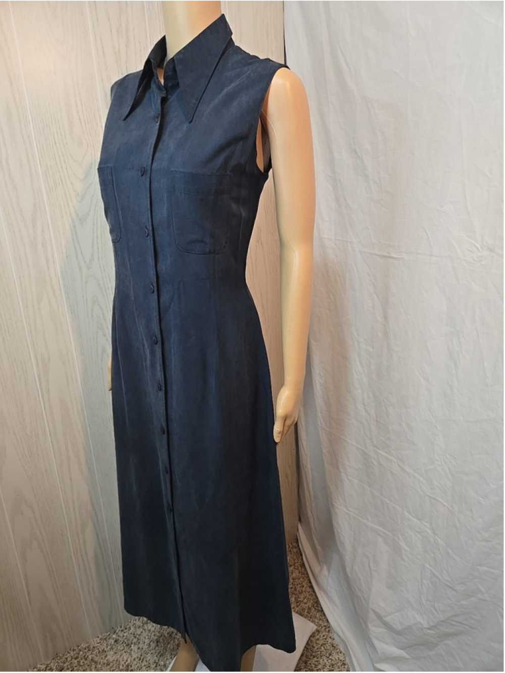 Ann Taylor Size 8 Slate Blue 100% Silk Maxi Shirtdress Vintage Quiet Luxury - Picture 6 of 7